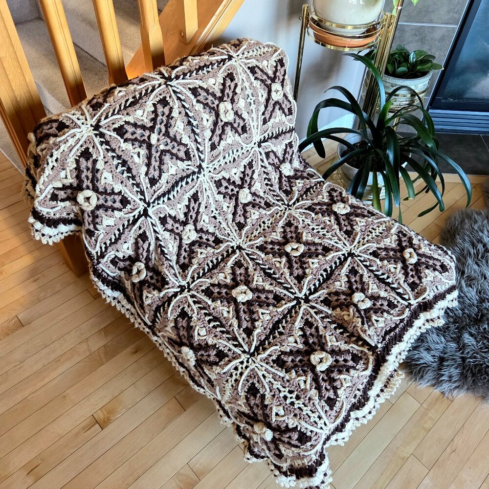 Hand made Granny squares boho crochet throw blanket Afghan brown beige colors.